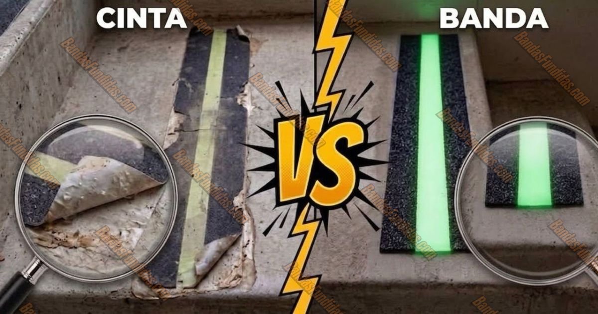 Comparativa entre cinta antideslizante desgastada y banda fundida antideslizante fotoluminiscente de alta durabilidad en escaleras