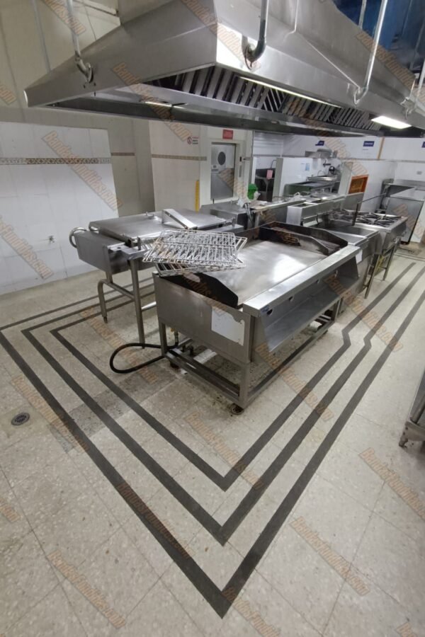Demarcación de seguridad con bandas Fundidas antideslizantes alrededor de equipos de cocción en cocina industrial para prevenir accidentes laborales.